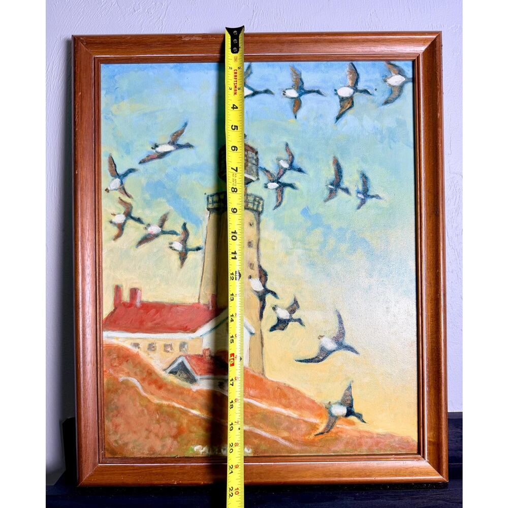 Vintage Original Lighthouse Painting Flying Seabirds Signed Coastal Wall Decor - Picture 14 of 14